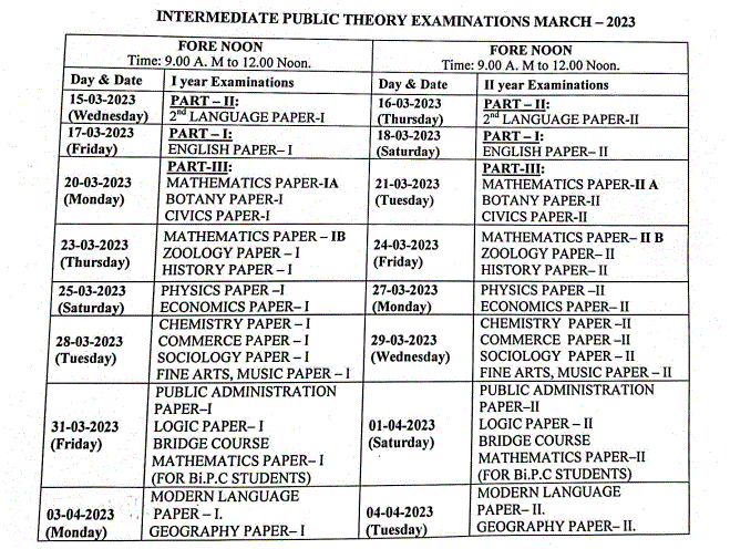 AP Inter 1st And 2nd Year Time Table 2023 Andhra Pradesh Intermediate Exam Time Table 2023 